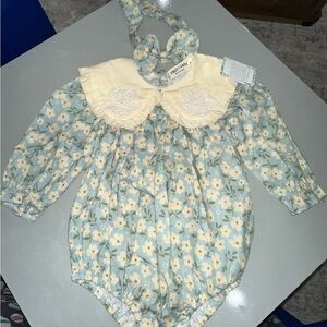 Pastel Blue Floral Baby One-Piece Bodysuit with Lace Collar